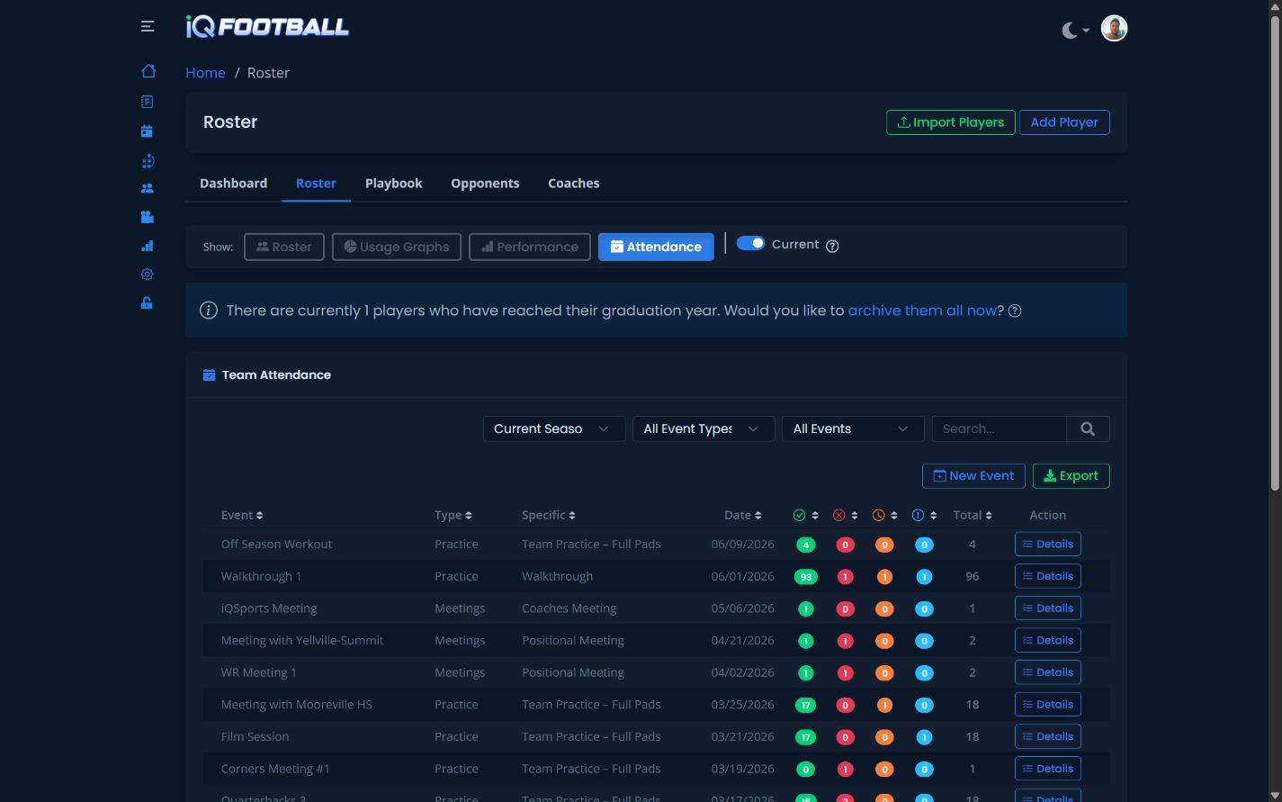 iQSports team attendance history and event filters in dark mode