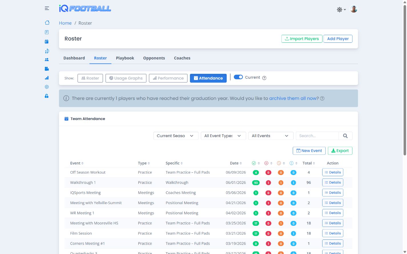 iQSports team attendance history and event filters in light mode