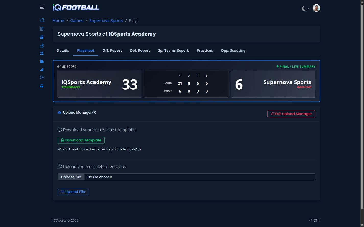 iQSports bulk play upload manager in dark mode