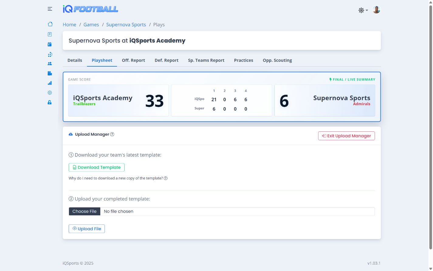 iQSports bulk play upload manager in light mode