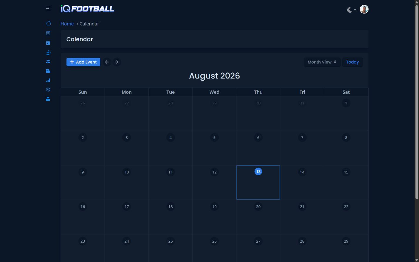 iQSports football program calendar in dark mode