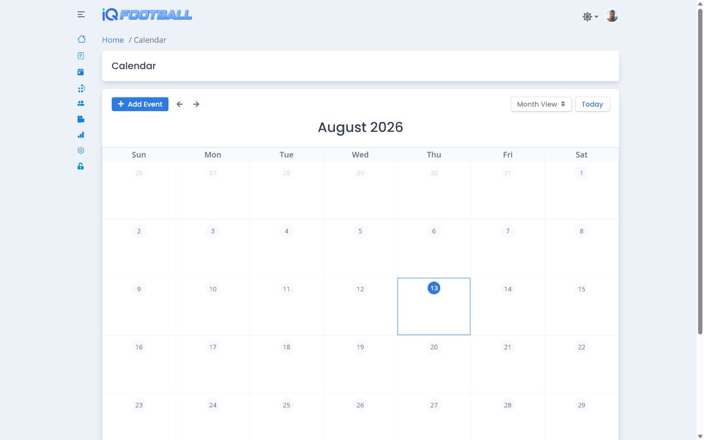 iQSports football program calendar in light mode