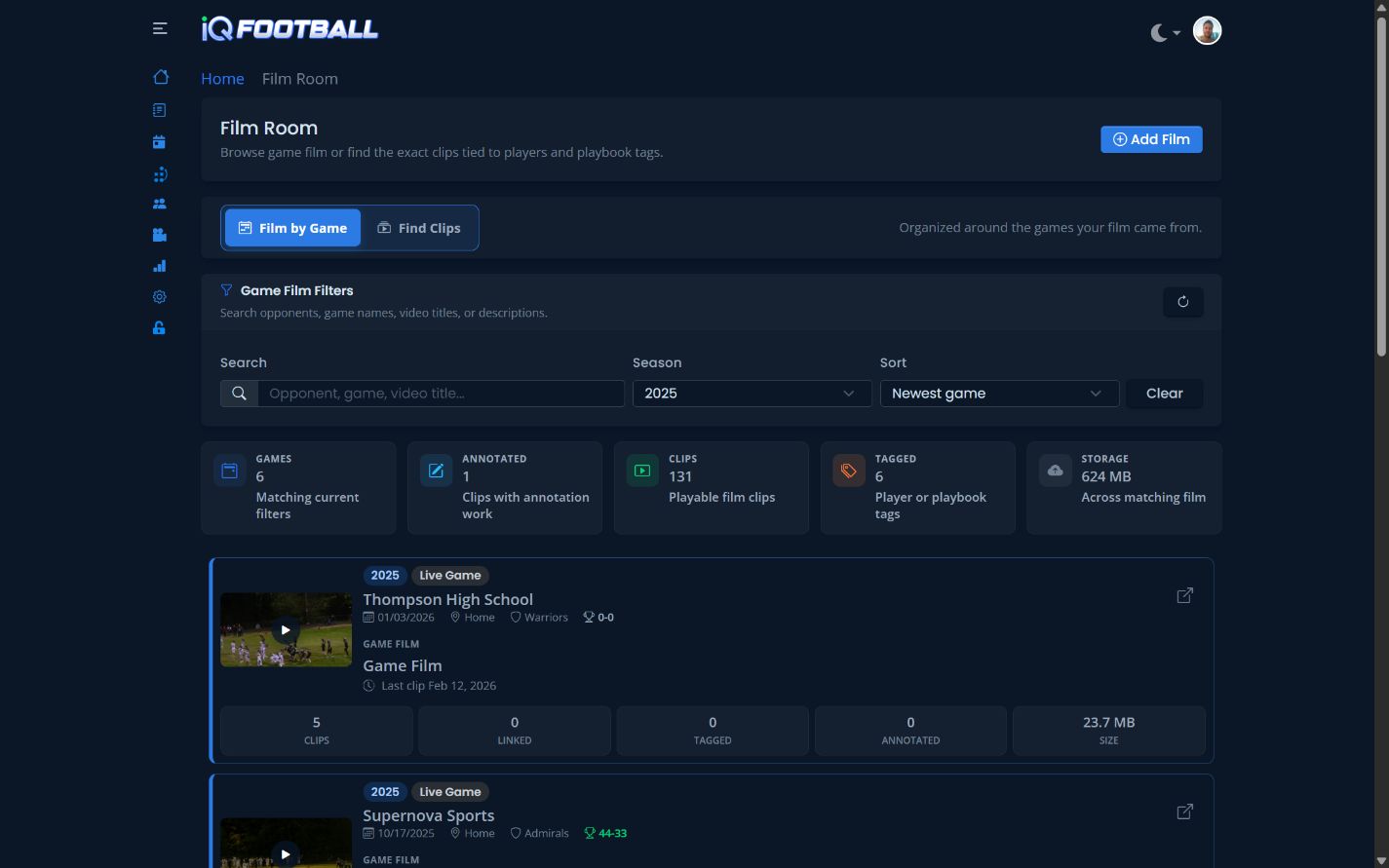 iQSports 2025 game film library in dark mode
