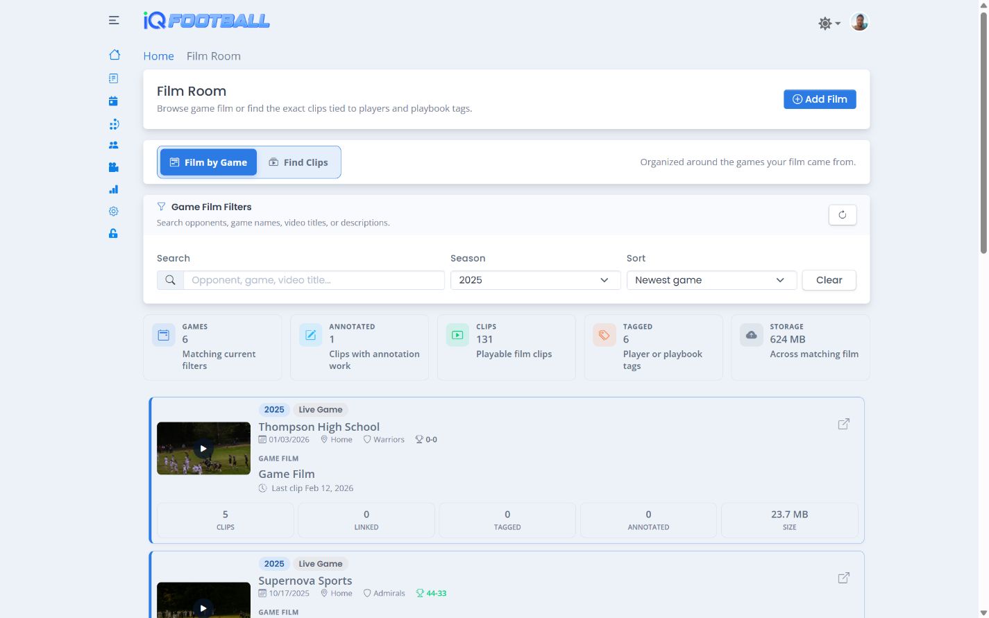 iQSports 2025 game film library in light mode