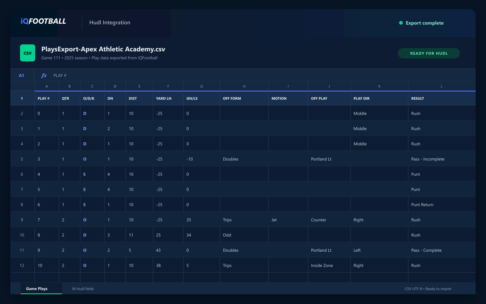Hudl-ready CSV containing football play data exported from iQFootball in dark mode