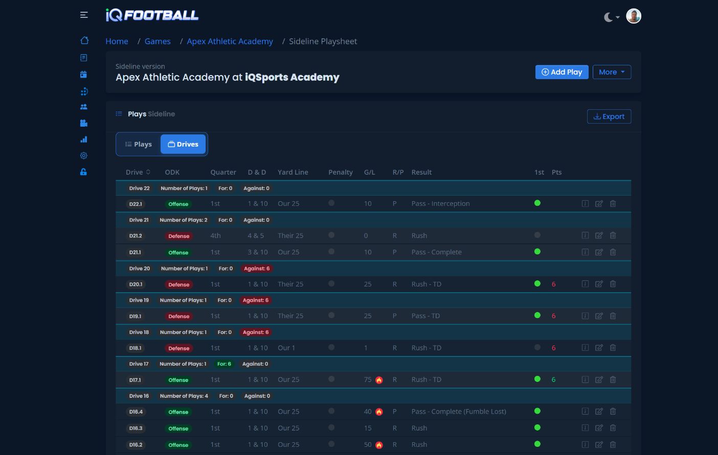 iQFootball populated game playsheet with a Hudl-ready export option in dark mode