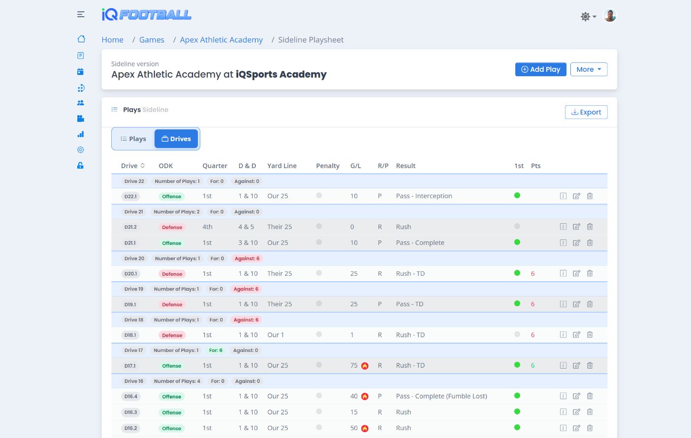 iQFootball populated game playsheet with a Hudl-ready export option in light mode