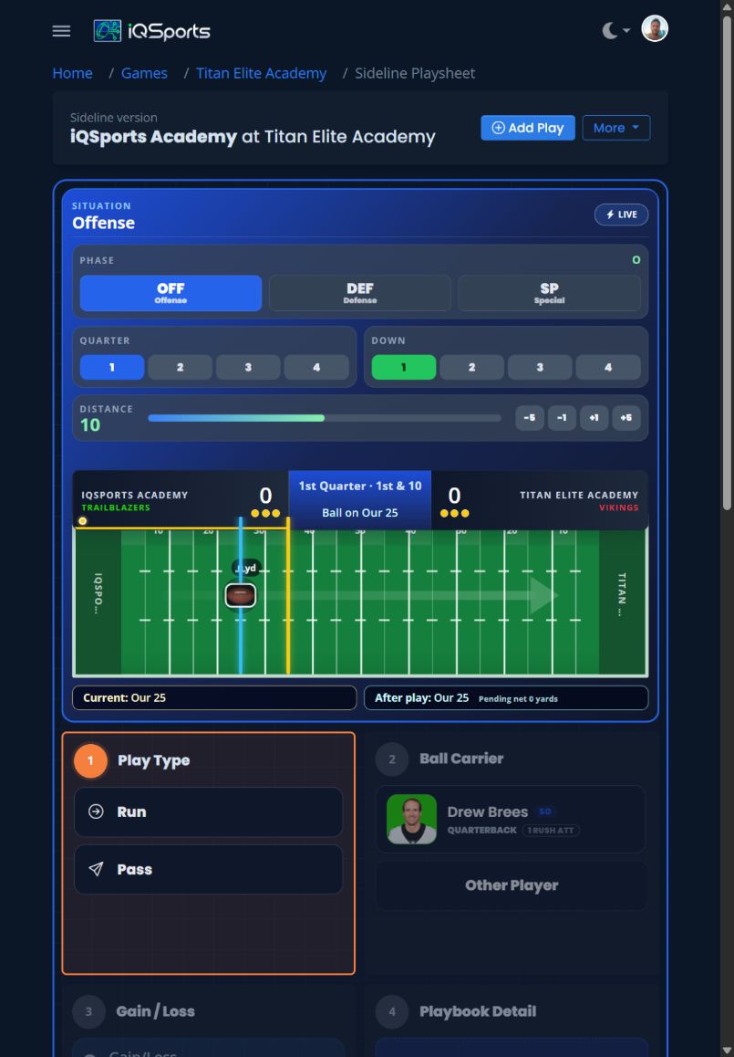 iQSports touch-first sideline football play entry on a tablet in dark mode