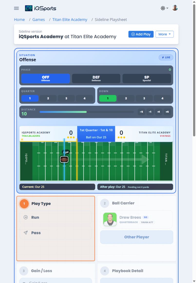 iQSports touch-first sideline football play entry on a tablet in light mode