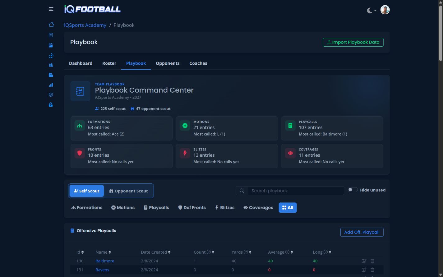 iQSports reusable football playbook entity library in dark mode