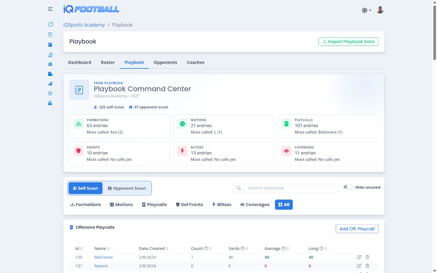 iQSports reusable football playbook entity library in light mode