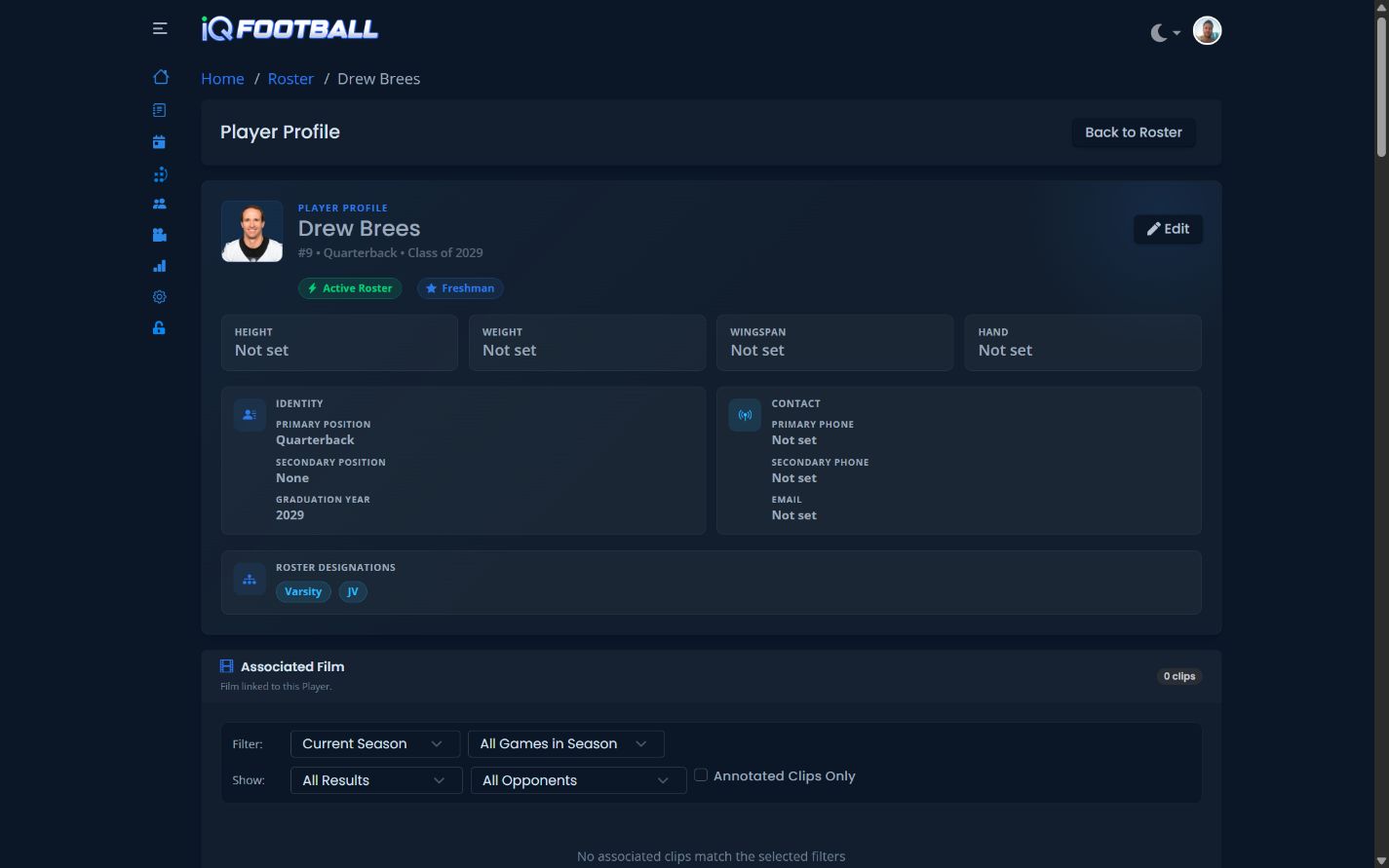 iQSports in-depth football player profile in dark mode