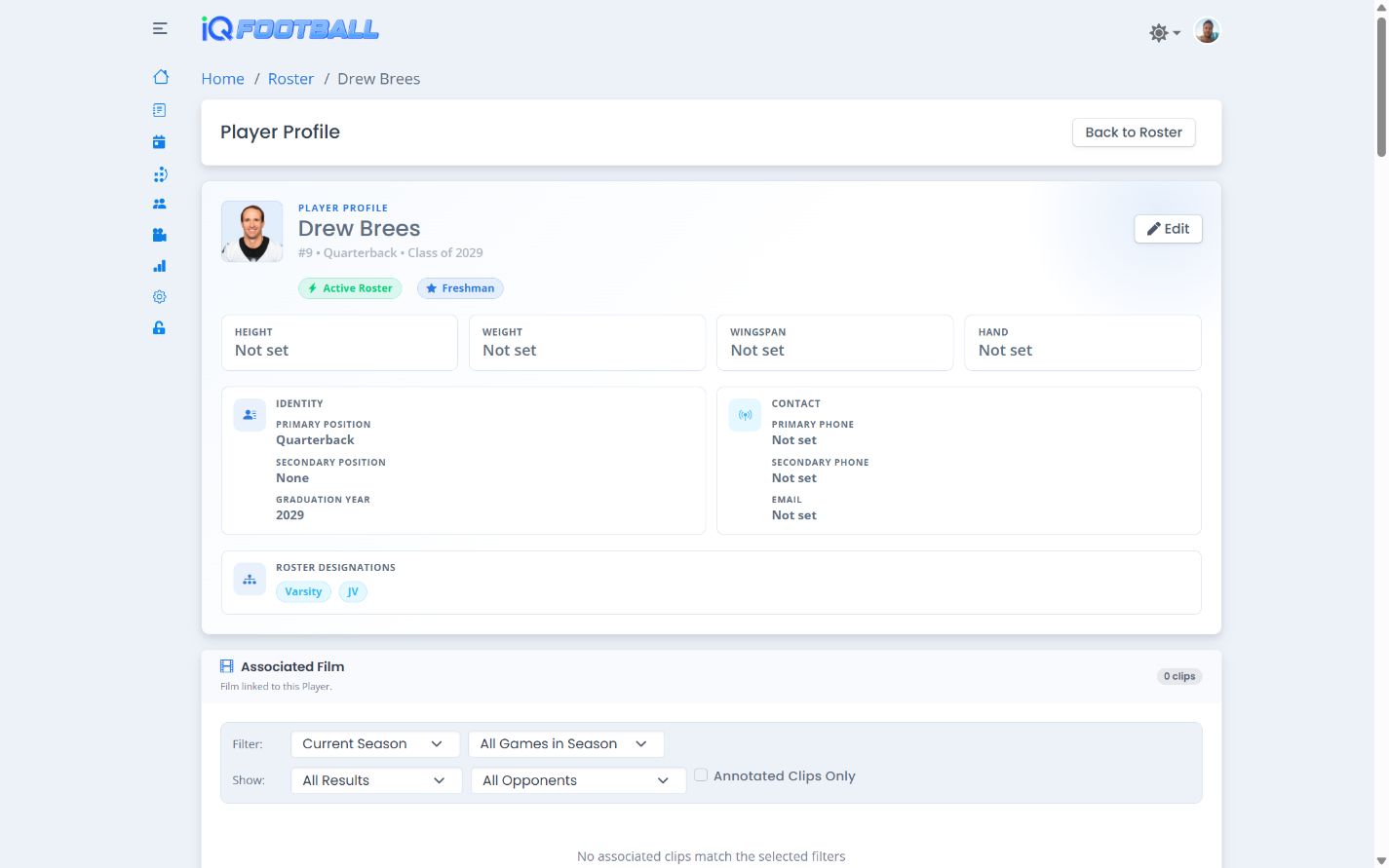 iQSports in-depth football player profile in light mode