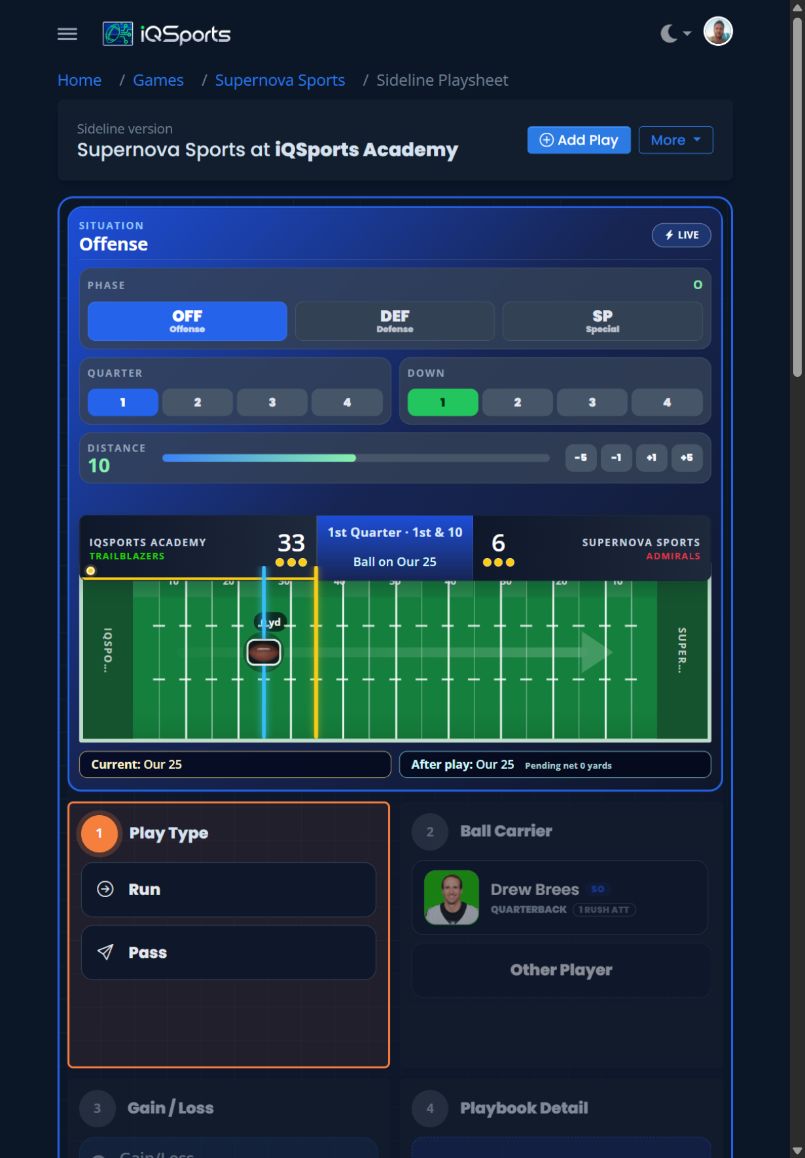 iQSports Sideline live play entry workflow on a tablet in dark mode