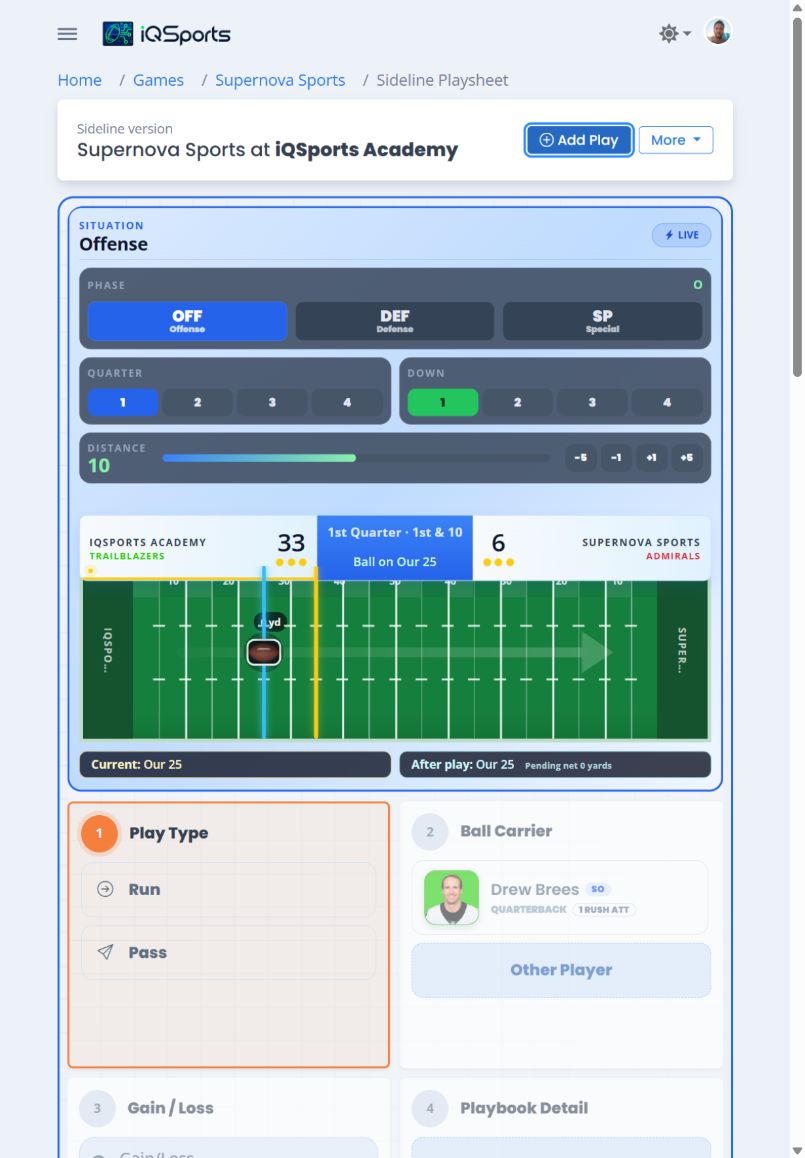 iQSports Sideline live play entry workflow on a tablet in light mode