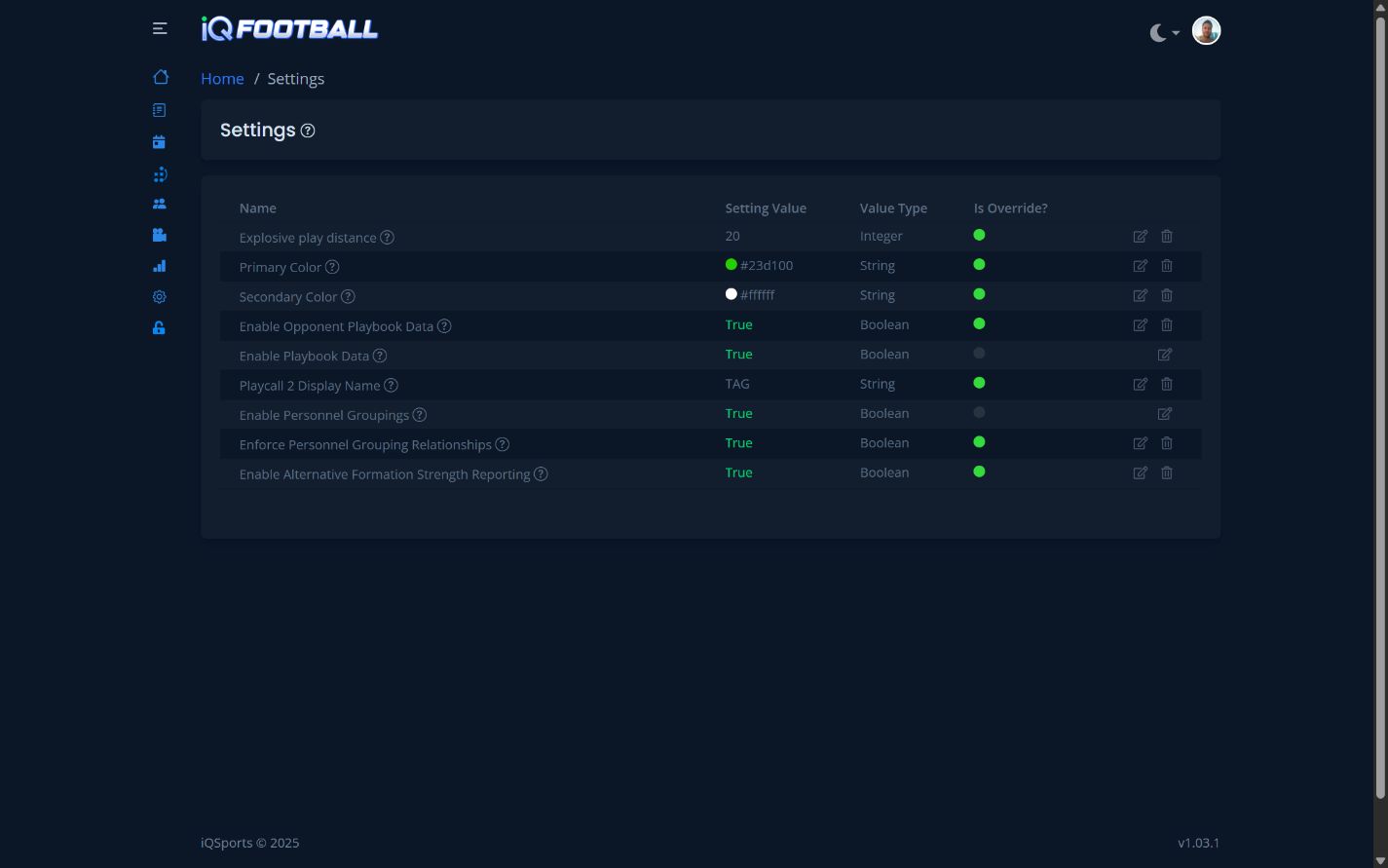 iQSports configurable football analytics settings in dark mode