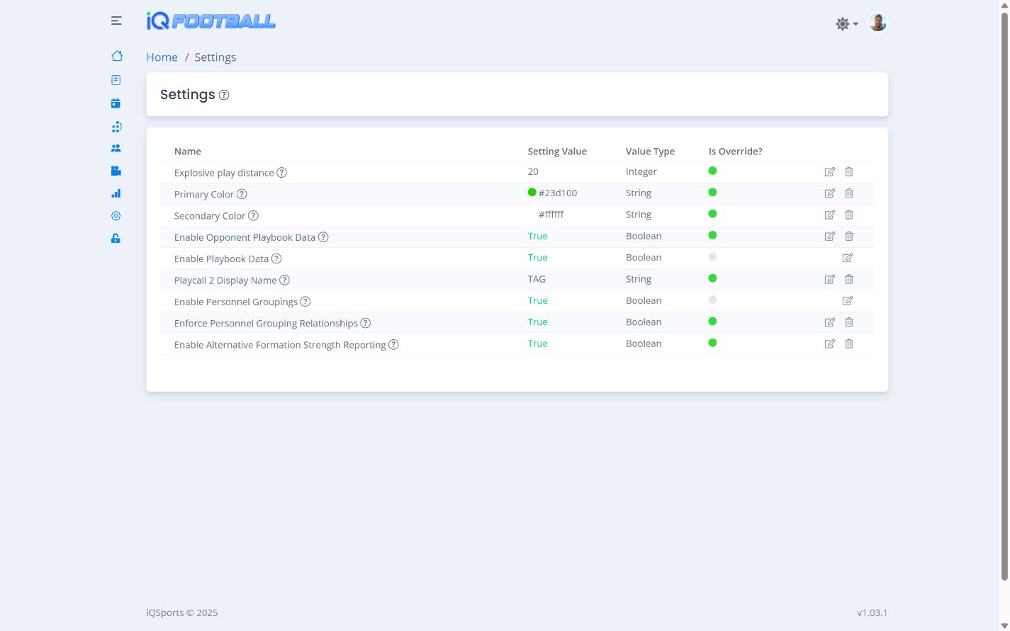 iQSports configurable football analytics settings in light mode
