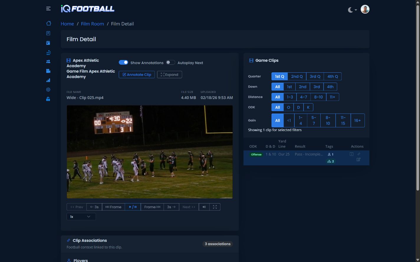 iQSports film detail player with clip annotation, player tags, playbook associations, and play data in dark mode