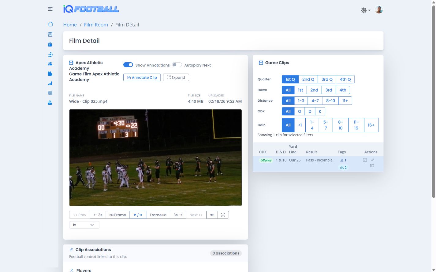 iQSports film detail player with clip annotation, player tags, playbook associations, and play data in light mode